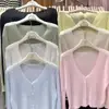 Cardigan Feminino Fino de Tricô de Seda de Gelo com Proteção Solar, Cor Vinho, Botão de Pérola, Curto, Peça de Roupa Chic