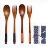 Estilo japonés cuchara tenedor palillos de madera enredados juego de tres piezas mango largo madera maciza para adultos cuchara tenedor portátil bolsa de tela vajilla