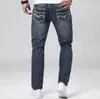 Calça Jeans Masculina Stretch Denim Perna Pequena Slim Fit Emagrecedora Azul Escuro Roupa Masculina Calça Masculina, Adequada para Todas as Estações
