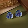 Pendientes Florales Retro Azules Acuarela para Mujer Personalidad Única Frescos Esmalte Pintado a Mano Color Flor Azul Pendientes de Botón Modernos