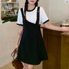 Vestido de verão novo nicho design costura contraste cor falsa duas peças emagrecimento vestido feminino suspender