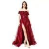 Venta al por mayor transfronteriza de vestidos de noche para mujer, vestido largo de malla con abertura y hombros descubiertos, atuendo para fiesta de graduación, dama de honor, actuación