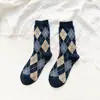 Meias Lingge Meias de Comprimento Médio para Crianças Meias de Lã Outono e Inverno Estilo Academia Britânica Meias Femininas Meias Xadrez Vintage