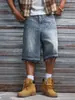 Talla europea [Cruzado para Hombre] Pantalones cortos de mezclilla rígida para hombre con letras cortadas con láser, estilo callejero, verano