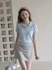 Camisa Polo de Hombro Recto Estilo Coreano para Mujer, Camiseta de Punto de Seda Helada de Manga Corta, Top Pequeño de Verano con Cuello