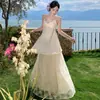 Conjunto de Blusa de Gasa Francesa y Falda de Tirantes para Mujer, Impresionante Conjunto de Dos Piezas con Falda Larga Bordada de Malla Estilo Resort Costero