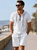 Conjunto de camisa de lino de manga corta para hombre transfronterizo, pantalón corto de trabajo tipo jersey con cuello, estilo vacacional de playa europeo y americano