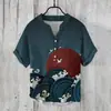Nova Camisa Havaiana Masculina Paisagem em Tinta Estampa de Sol Cruzamento Europeu e Americano Bambu Linho Manga Curta Gola V
