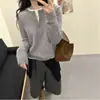 Elegante e macio suéter de tricô 100% lã pura com zíper parcial para mulheres, modelagem solta, gola redonda, mangas compridas, top moderno e versátil