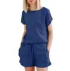 Spot Transfronteiriço 2025 Verão Manga Curta Algodão e Linho Urbano Moda Retrô Casual Cor Pura Top Conjunto Shorts Cordão