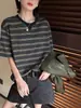 Camiseta de lino de manga corta a rayas con bolsillo de parche estilo coreano para mujer, nueva moda de principios de otoño 2026, top casual ins