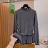 Talla Extra Ligeramente Gordita Estilo Coreano Volantes Lunares Manga Larga Camiseta Básica para Mujer Cintura Ceñida Capa Interior Camiseta Top Delgado