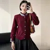 Casaco Tricô Ancora Vermelho Francês Estilo Academia Pequeno Costura Estilo Chanel Costura Orelha de Madeira Outono e Inverno Novo Suéter