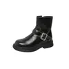 Versión de Piel de Vaca Piel de Caballo Lavada Punta Redonda Tacón Grueso Botines Cortos de Motocicleta Hebilla de Cinturón Botas hasta la Mitad de la Pantorrilla para Mujer Nuevo Estilo Otoño e Invierno 2025