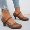 Zapatos de Moda para Mujer Mary Jane con Hebilla de Comercio Exterior de Tacón Alto y Caña Baja, Transfronterizos, Talla Grande, Tacón Grueso, Encaje, Punta Redonda, Calados