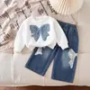2026 Nuevo Otoño Transfronterizo Sudadera con Bordado de Parche para Bebé y Niño Pequeño + Pantalones de Mezclilla Lavados con Lazo Conjunto de Dos Piezas para Niñas
