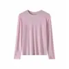 Camiseta Base de Lana Tencel para Mujer, Estilo Primavera, Cuello Redondo, Corte Ajustado, Elegante Camiseta de Manga Larga Estilo Coreano, Ropa de Primavera para Mujer