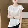 Nuevo estilo de verano top camiseta texturizado en tono dorado, corte holgado, cuello redondo, cintura ceñida, color liso, versátil de satén con manga corta para mujer