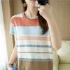 Camiseta de Manga Corta Rayada de Algodón y Lino para Mujer 2022 Nuevo Suéter Rayado Arcoíris de Color Contrastante de Algodón Top Adelgazante