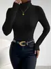 Camiseta de punto acanalado cepillado de manga larga de cuello alto multicolor para primavera y otoño