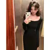 Vestido Suéter de Punto Ol Cuadrado Maduro Retro Suave Coreano para Mujer, Vestido Largo Base de Primavera Ceñido a la Cintura