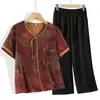 Conjunto de Ropa de Verano para Mujeres de Mediana Edad y Mayores, Conjunto Elegante Holgado de Manga Corta Estampada para Mamá, Conjunto de Dos Piezas con Temperamento que Reduce la Edad para Abuela