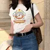 Camiseta de Manga Corta con Estampado de Dibujos Animados Estilo Americano Hombro Derecho para Mujer Verano 2025 Nueva Prenda Exterior Casual Versátil Sexy