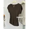 Top de punto de seda helada estilo americano de nicho 2025 Nuevo Color Sólido Diseño Simple con Abertura Manga Corta Blusa Fruncida Ins
