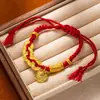 Nova Pulseira Enrolada Estilo Chinês, Pulseira Tecida à Mão, Pulseira Vermelha de Alto Padrão Estilo Antigo com Pingente Redondo Dourado Areia Deus da Riqueza