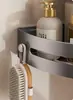 Estante triangular para baño, estante para baño sin perforaciones, elegantes estantes de almacenamiento negro y gris plomo, estante para baño, estante de esquina, toallero