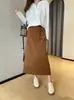 Falda de pana estilo coreano, de cintura alta, adelgazante, con abertura trasera, color caramelo, línea A, para mujer, 26 otoño/invierno H091205