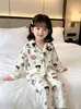 Conjunto de ropa de estar con cuello de solapa, estilo fino para primavera y otoño, ropa para aire acondicionado para niñas, cárdigan de manga larga, pijama de algodón nube estilo coreano para niñas