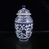 Artesanías de Cerámica Vestida Antigua Patrón de Tallo de Loto Azul y Blanco Tarro con Tapa Adornos para Sala de Estar Estudio Adornos Antiguos Productos Nuevos