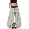 Pantalones de Verano con Estampado de Letras Retro Americano, Rayas, Plisados, Forma de Cimitarra, Cordón, Holgados, Pierna Ancha, Casual