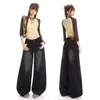 Jeans de foice preto lavado e cinza estilo retro americano para mulheres, outono e inverno, perna larga, solto, casual, com visual vintage