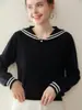 Suéter Casual com Base de Tricô Listrada, Gola Azul Marinho Solta Roupa Íntima Feminina, Doze Peças de Tricô Color Block Cachemir Slimming