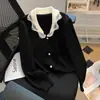 Bordado em Renda Estilo Coreano Primavera e Outono Novo Gola de Renda Cardigã de Tricô Pesado para Mulheres com Botões de Pérola Estilo Doce Casaco