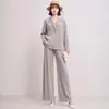 Conjunto de Negócios Plissado Plus Size para Primavera e Outono para Mulheres, Blazer Plissado com Textura Vertical e Calças de Pernas Largas para Mães de Meia-Idade