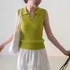 Regata feminina slim fit sem mangas com gola polo, chique e elegante, estilo francês, top fresco e respirável de seda gelo para o verão