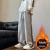 Calça Casual Masculina com Listras Laterais Grossas Outono e Inverno Forrada com Fleece Espessada Solta Tendência Perna Reta Perna Larga