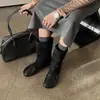 Recomendação da blogueira~Botas empilhadas de meia-panturrilha com retalhos desgastados plissados e laço estilo coreano, botas de ballet slip-on retrô suaves