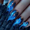 Unhas Artificiais Redondas Amêndoa Listradas Azuis Moda Estilo Ins Europeu e Americano Simples Fashion Destacáveis Usáveis