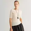 Tricô de lã 100% com padrão espinha de peixe, manga curta, para mulheres, outono precoce, peça única sem costura, suéter de base slim fit