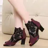 Tamanho 35-43 cross-border Amazon ebay Europeu e americano malha salto alto salto grosso renda peep toe sandálias femininas