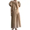 Vestido Longo de Verão 2026 Estilo Coreano com Mangas Bufantes Design Artístico Retrô Cor Sólida Simples e Fashion