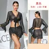 Traje puro e sedutor de malha transparente com estampa de céu estrelado para mulheres, apresentando um decote V profundo sexy, top de manga sino com amarração e saia bodycon com cordão 1153