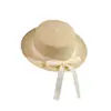 Chapéu de palha de verão para adultos e crianças, chapéu de praia de aba larga com topo reto para proteção solar, chapéu bucket feminino de renda francesa com laço e aba larga para proteção solar