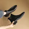 Botas de tornozelo justas estilo francês com bico fino e elástico, salto baixo, nova coleção outono/inverno 2026, salto grosso, botas curtas para mulheres, forradas com fleece para aquecimento, botas Chelsea