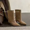 Botines de mujer hasta la pantorrilla con forro de fibra de piel de vaca, nuevo estilo otoño/invierno, diseño coreano, punta fina, tacón fino, tacón bajo, botines de moda hasta la pantorrilla