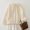 Top de Algodón Blanco Crudo Hilo Doble Bordado Pesado Tridimensional Cuello Redondo, Nueva Camisa Artística Holgada 2026